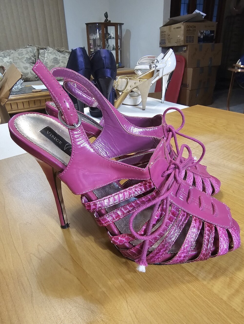 HTF Y2k 2007 Vince Camuto magenta snake print heels with lace-up detail